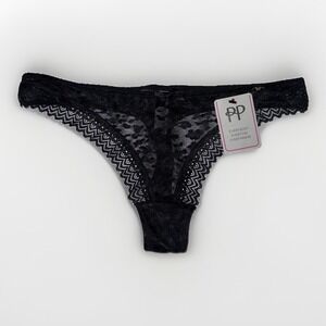 NWT Pretty Polly Graphic Leopard Mesh Lace Thong Black Womens Small LPAWQ4